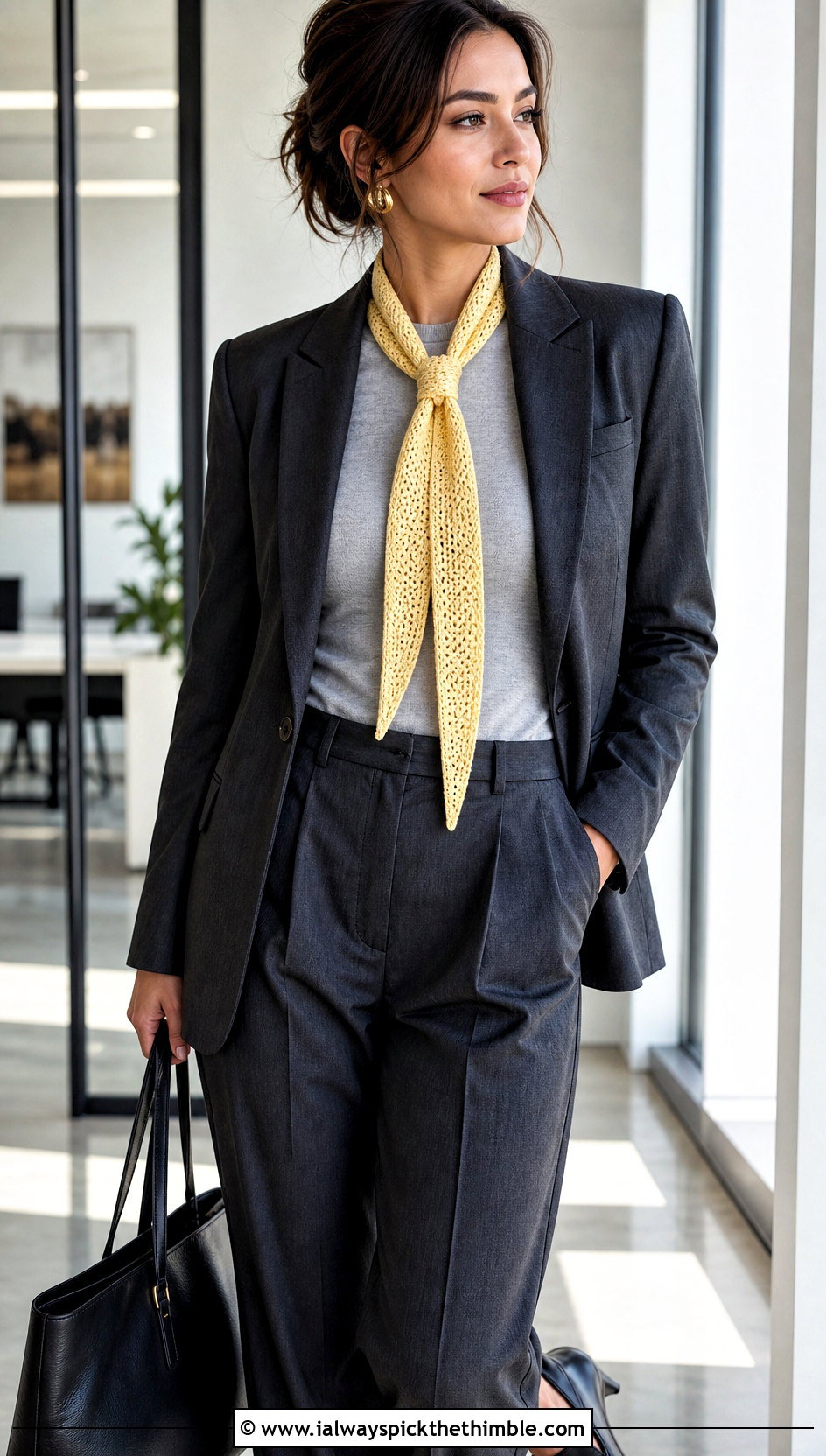 Skinny Crochet Scarf With Tailored Blazer - 20 autumn crochet scarf outfit ideas