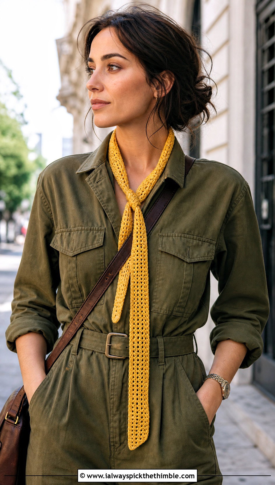 Skinny Crochet Scarf With Utility Jumpsuit - 15 unusual crochet scarf outfit ideas