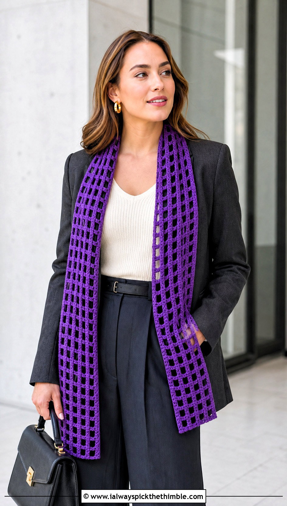 Skinny Crochet Windowpane Scarf With Blazer And Trousers - 15 crochet windowpane scarf outfit ideas