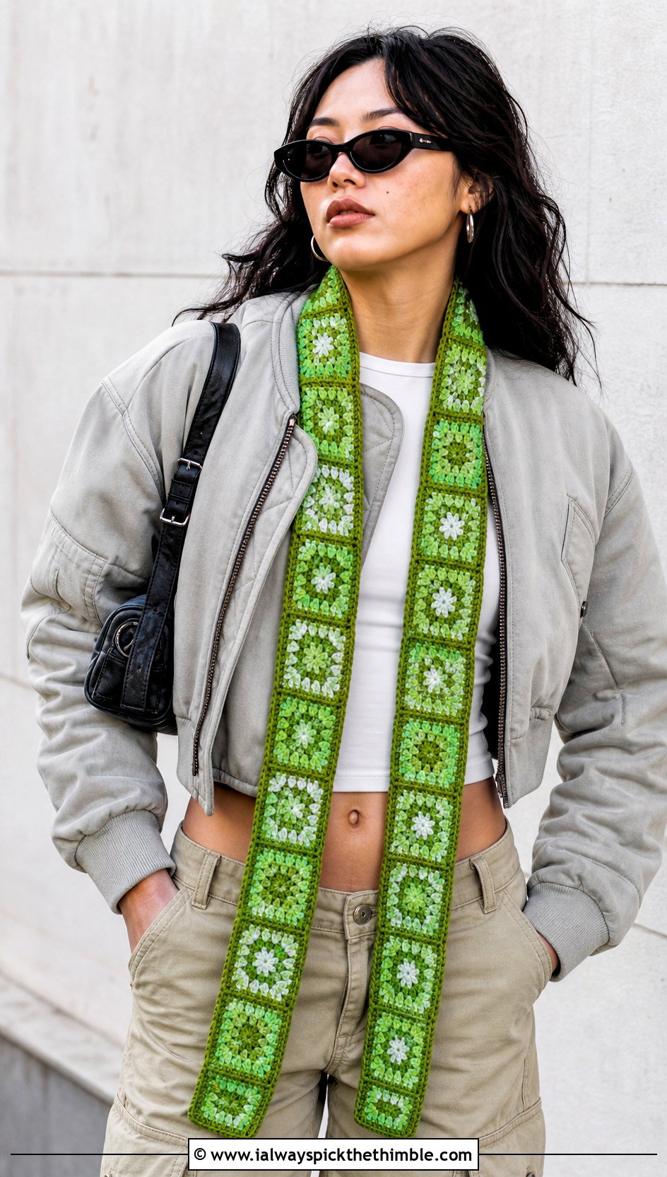 Skinny Granny Square Scarf With Bomber Jacket And Cargo Pants - 20 granny square scarves outfit ideas