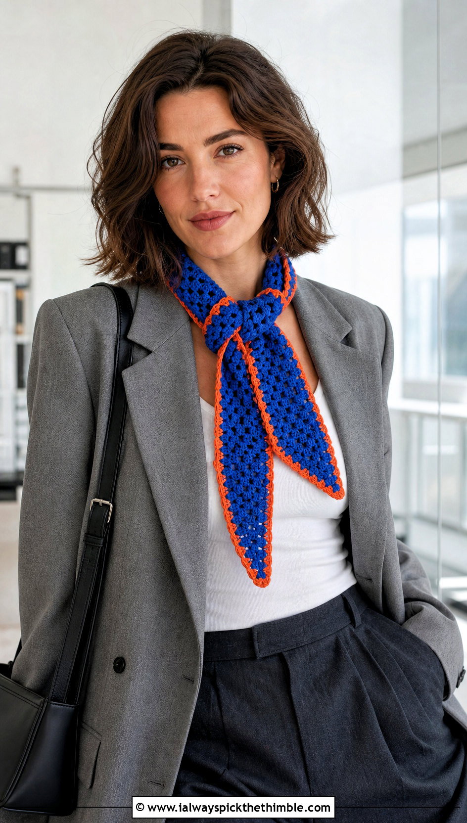 Skinny Granny Stitch Scarf With Blazer And Wide Leg Trousers - 25 granny crochet scarf outfit ideas