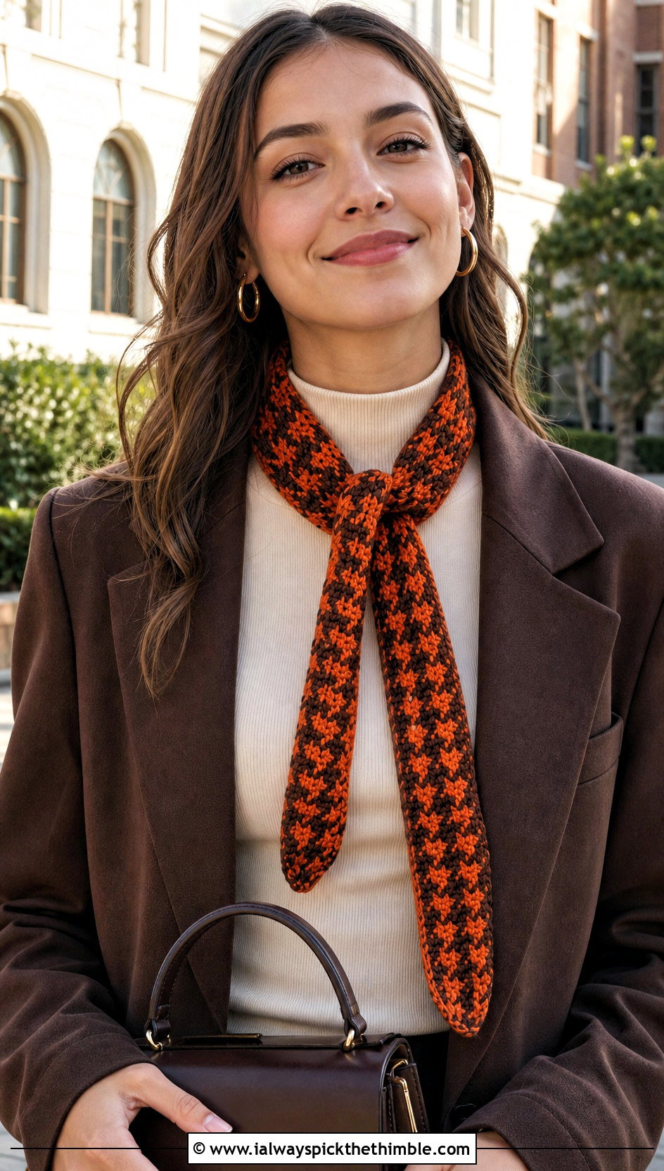 Skinny Houndstooth Crochet Scarf With Blazer And Mini Skirt - 15 Houndstooth Crochet Scarf outfit ideas