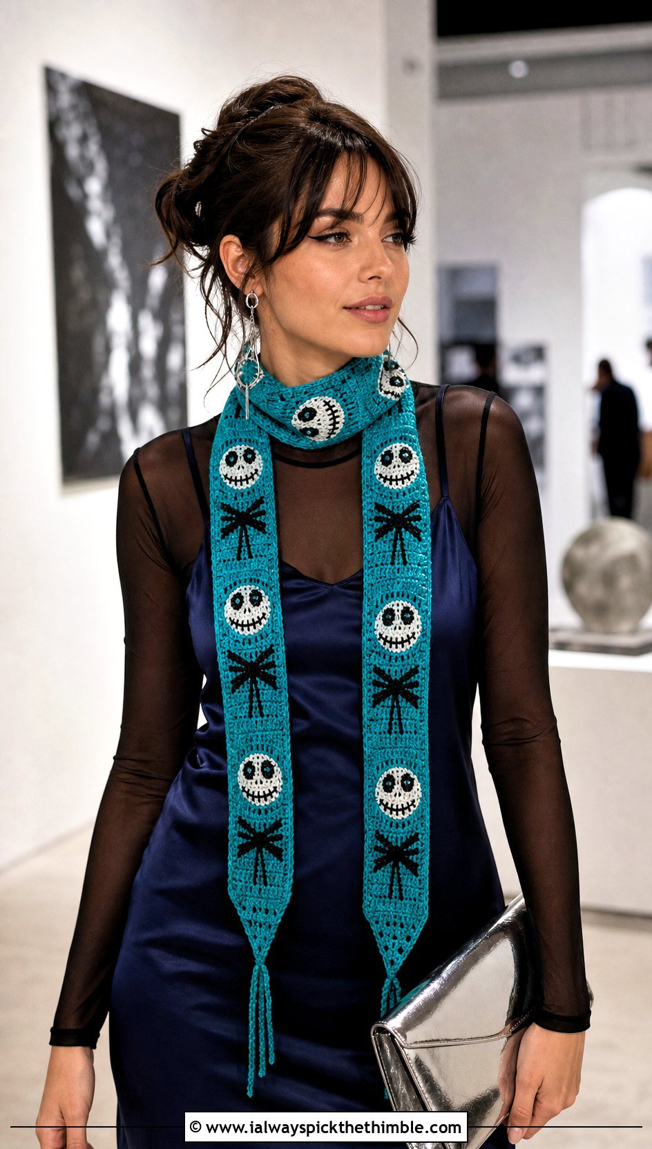 Skinny Jack Skellington Crochet Scarf With Satin Slip Dress - 20 Crochet Jack Skellington Scarf outfit ideas