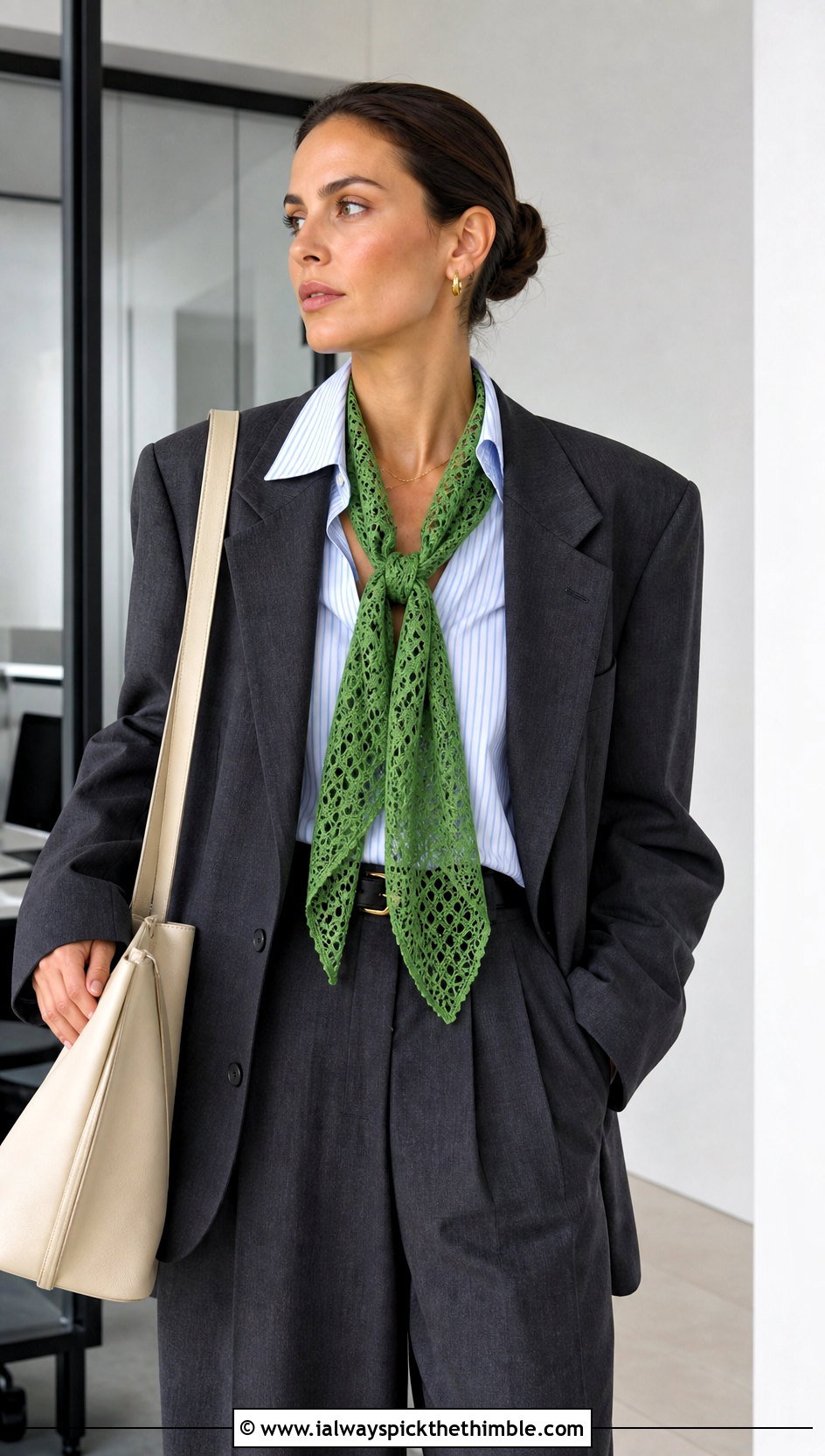 Skinny Lace Green Crochet Scarf With Blazer And Wide Leg Trousers - 15 Lacy Green Crochet Scarf outfit ideas