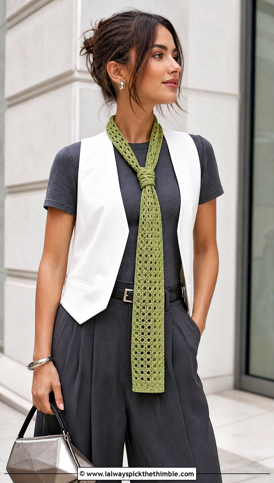 Skinny Long Line Crochet Scarf With Vest And Wide Leg Pants - 20 Crochet Long Scarf outfit ideas