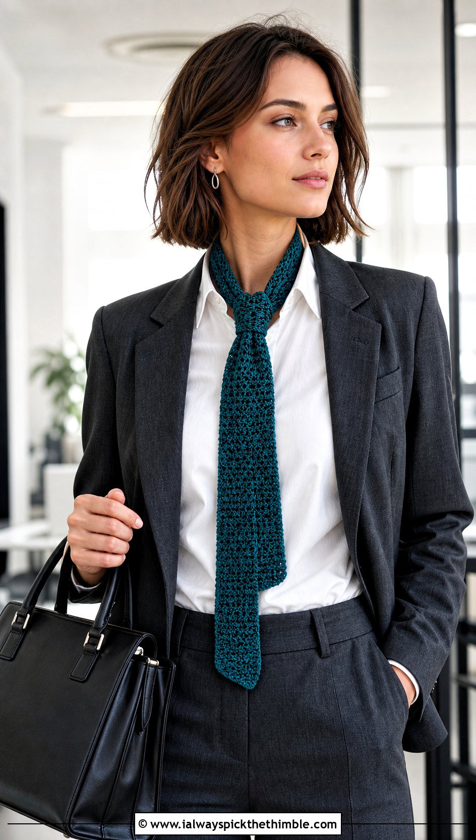 Skinny Moss Stitch Crochet Scarf With Blazer And Tailored Trousers - 20 Moss Stitch Crochet Scarf outfit ideas