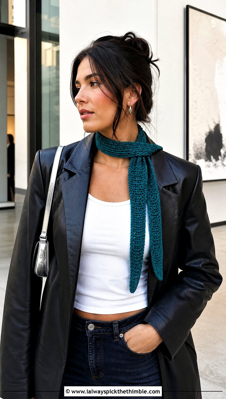 Skinny Ribbed Crochet Scarf With Leather Blazer - 20 Ribbed Crochet Scarf outfit ideas