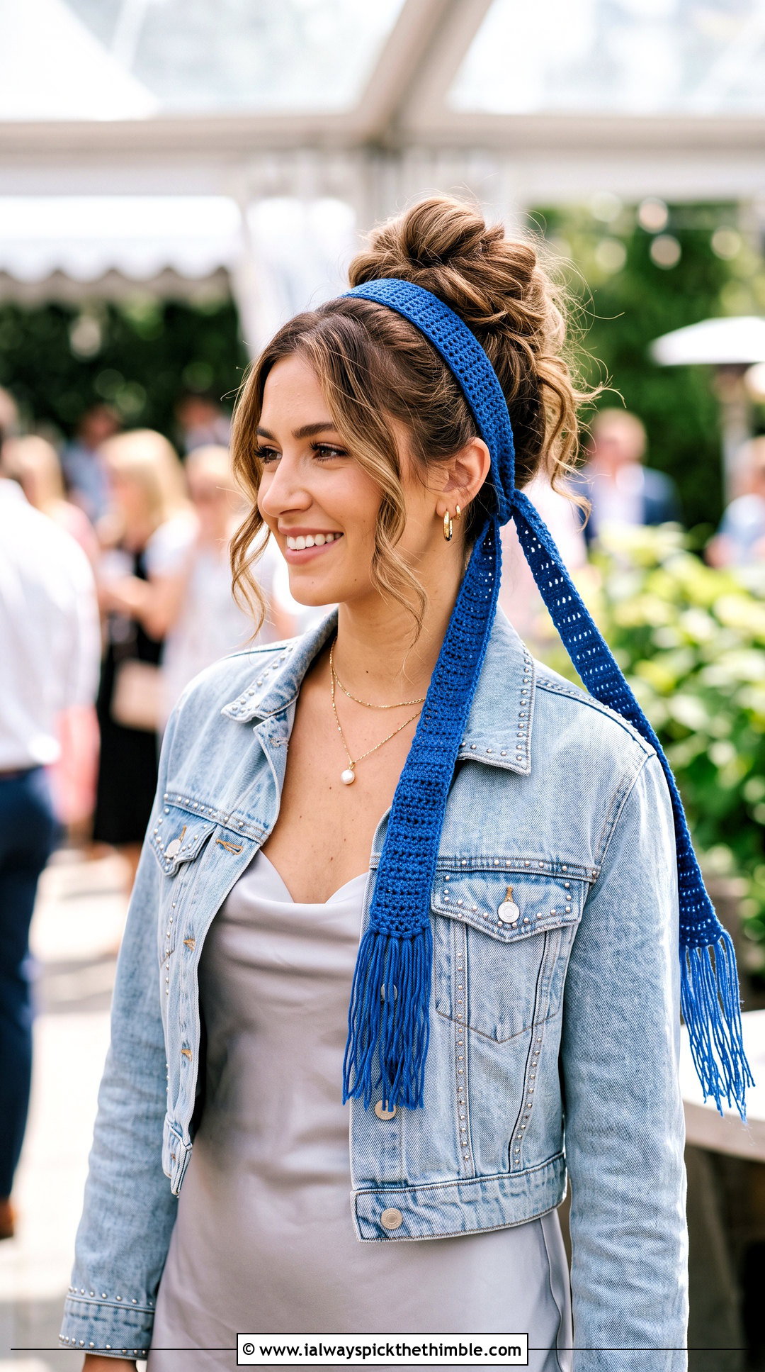 Skinny Ribbon Crochet Hair Tie Scarf With Slip Dress - 20 crochet hair tie scarf outfit ideas