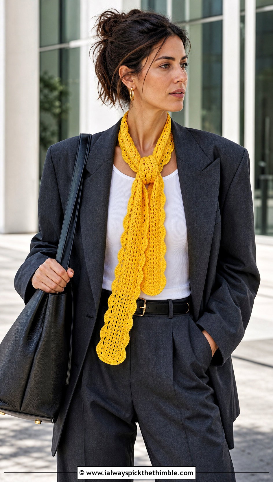 Skinny Ripple Stitch Crochet Scarf With Blazer And Trousers - 15 ripple stitch crochet scarf outfit ideas