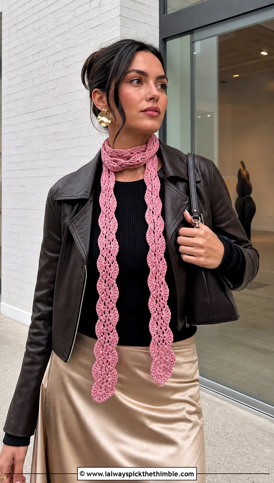 Skinny Shell Scarf With Leather Jacket And Maxi Skirt - 20 crochet shell scarf outfit ideas