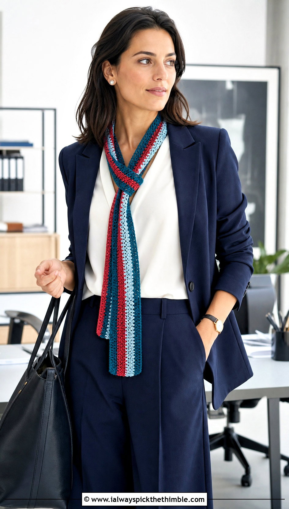 Skinny Stripe Crochet Scarf With Pantsuit - 20 Stripe Crochet Scarf outfit ideas