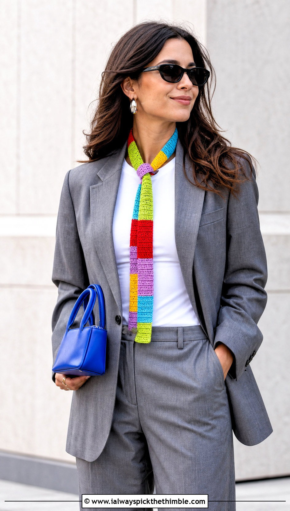 Skinny Striped Crochet Scarf With Minimalist Suit - 20 multi colored crochet scarf outfit ideas