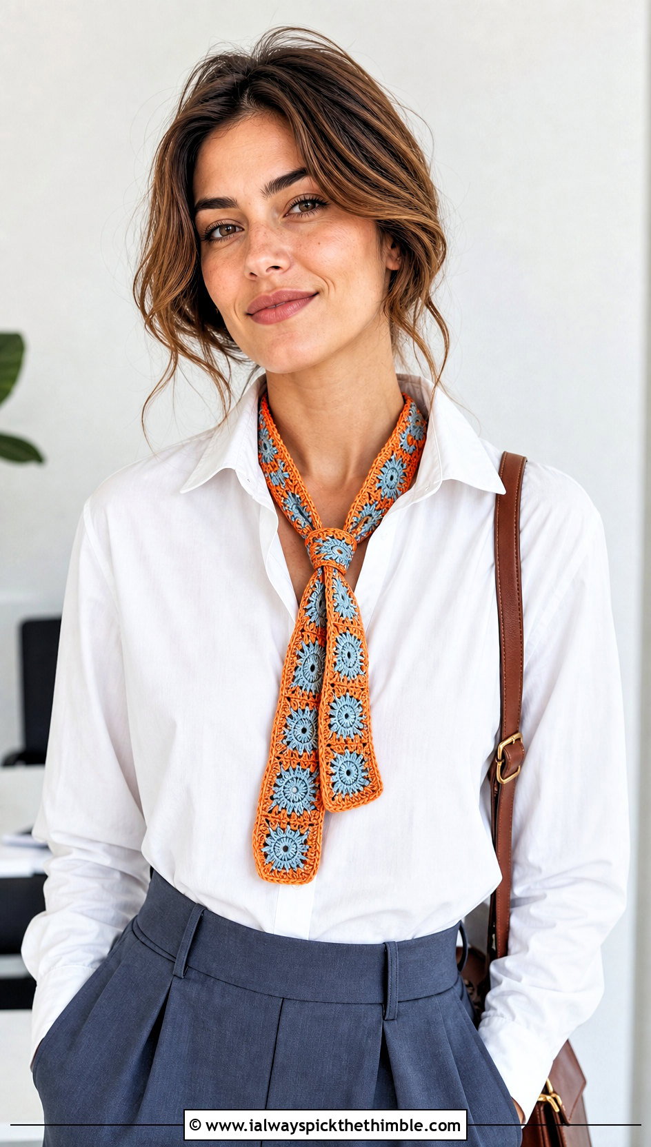 Skinny Tapestry Crochet Scarf With Button Down Shirt - 25 tapestry crochet scarf outfit ideas