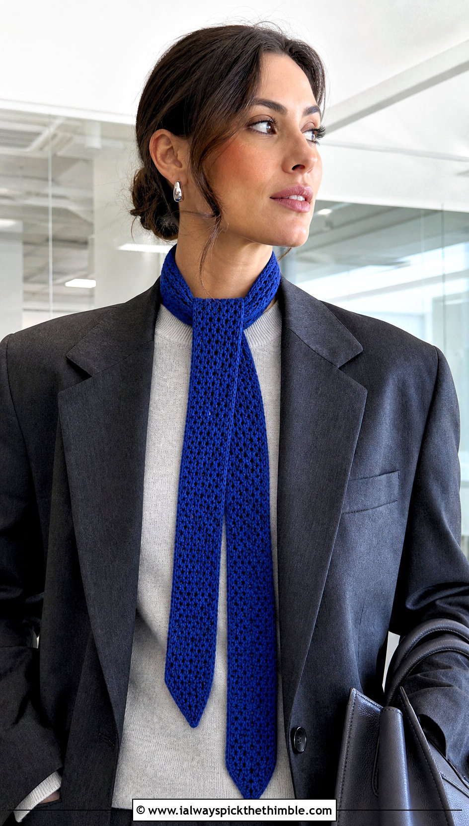 Skinny Thermal Stitch Crochet Scarf With Blazer - 20 Thermal Stitch Crochet Scarf outfit ideas