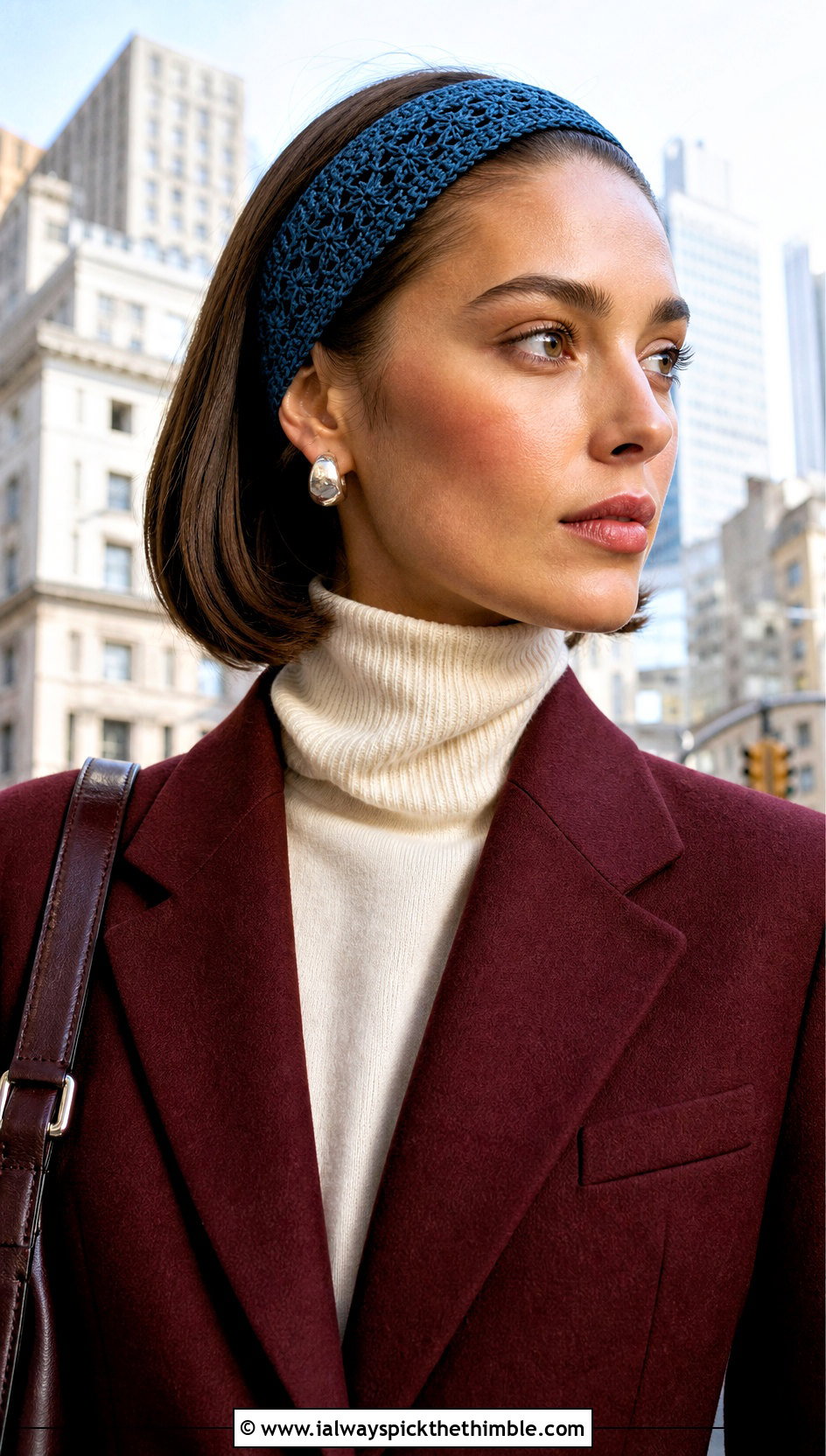 Skinny Tie Back Crochet Headband With Coat And Turtleneck - 20 quick crochet headband outfit ideas