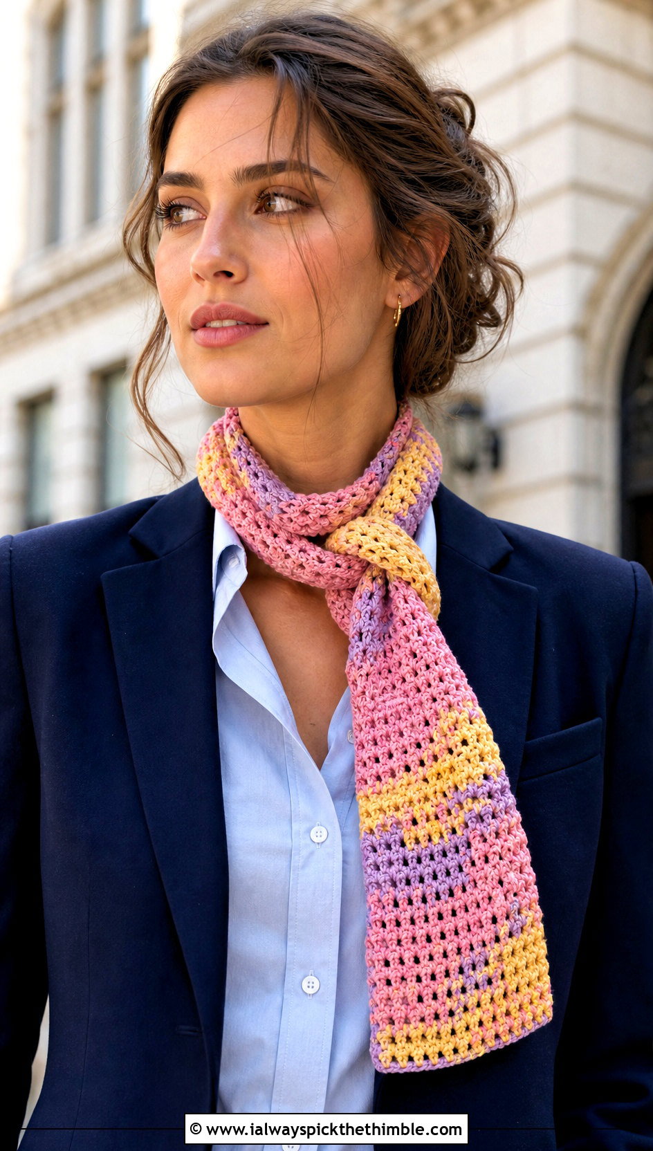 Skinny Variegated Crochet Scarf With Preppy Blazer - 20 Variegated Yarn Crochet Scarf outfit ideas