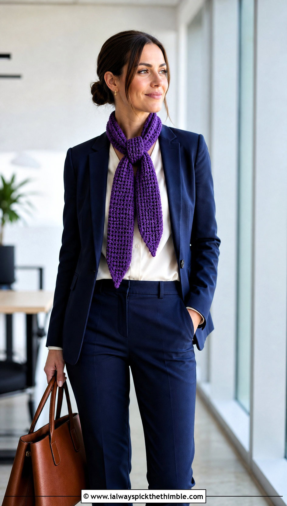 Skinny Waffle Stitch Crochet Scarf With Blazer And Trousers - 20 waffle stitch crochet scarf outfit ideas