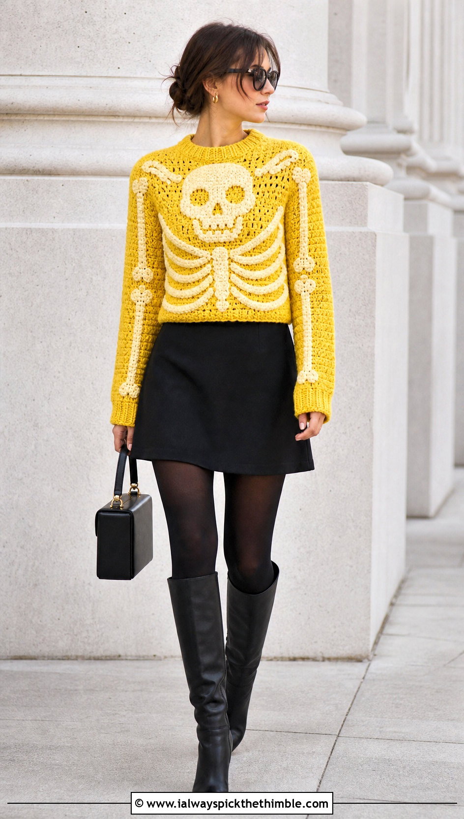 Skull And Ribcage Crochet Skeleton Sweater With Mini Skirt - 20 Crochet Skeleton Sweater outfit ideas