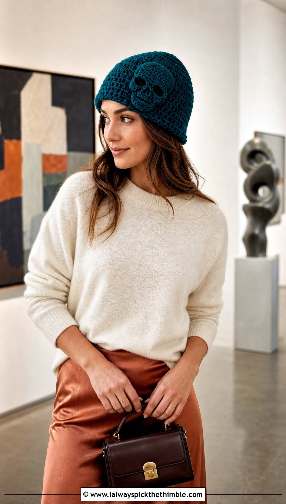 Skull Applique Crochet Beanie With Satin Midi Skirt - 20 crochet skull beanie outfit ideas
