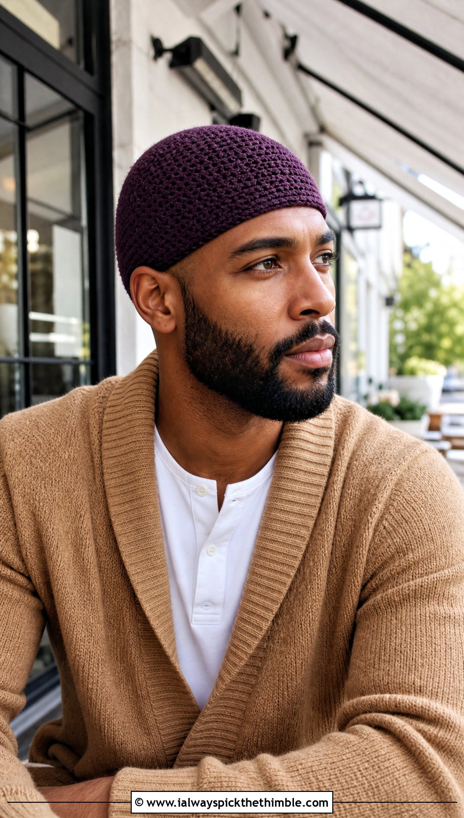 Skull Cap Crochet Beanie With Cardigan And Chinos - 20 Easy Mens Crochet Beanie outfit ideas