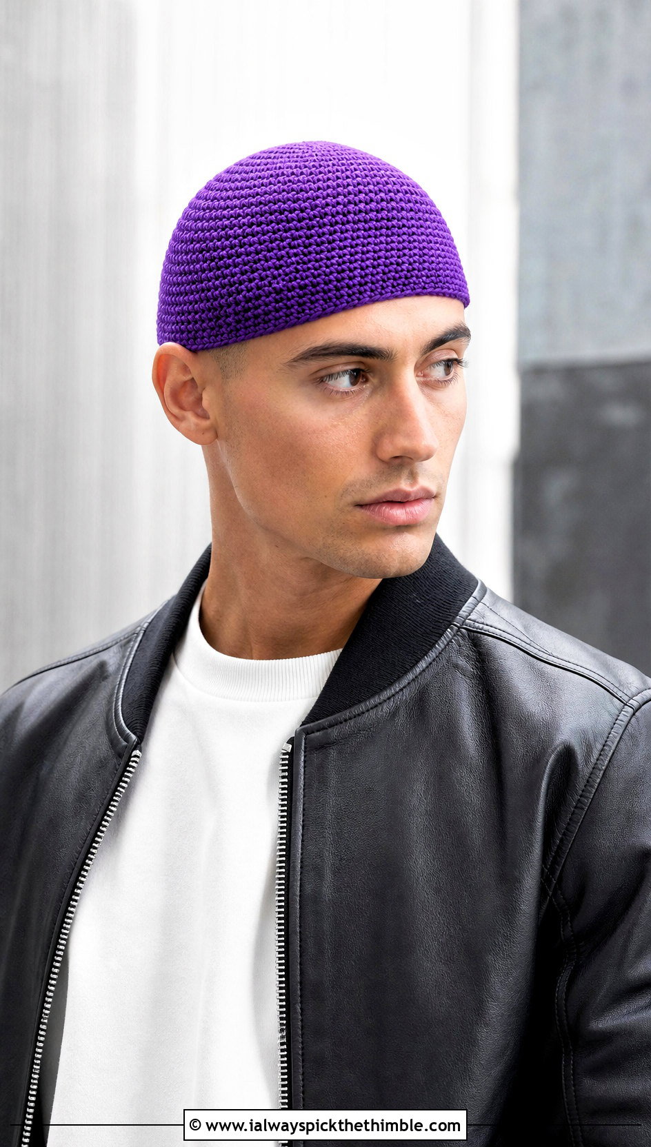 Skull Cap Crochet Beanie With Leather Bomber Jacket - 20 mens winter crochet hats outfit ideas