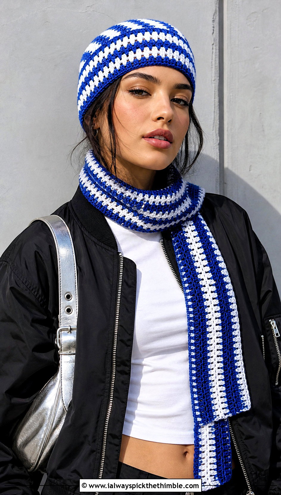 Skull Cap Crochet Scarf With Bomber Jacket - 20 Crochet Cap Scarf outfit ideas