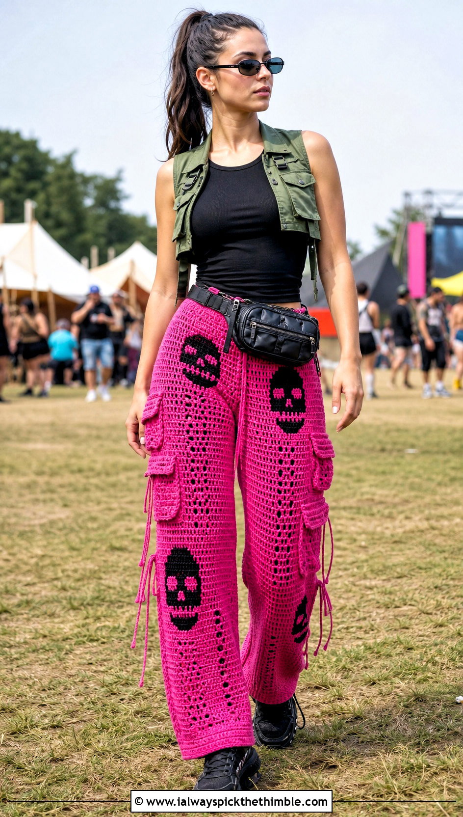 Skull Crochet Cargo Pants With Utility Vest - 15 Skull Crochet Pants outfit ideas