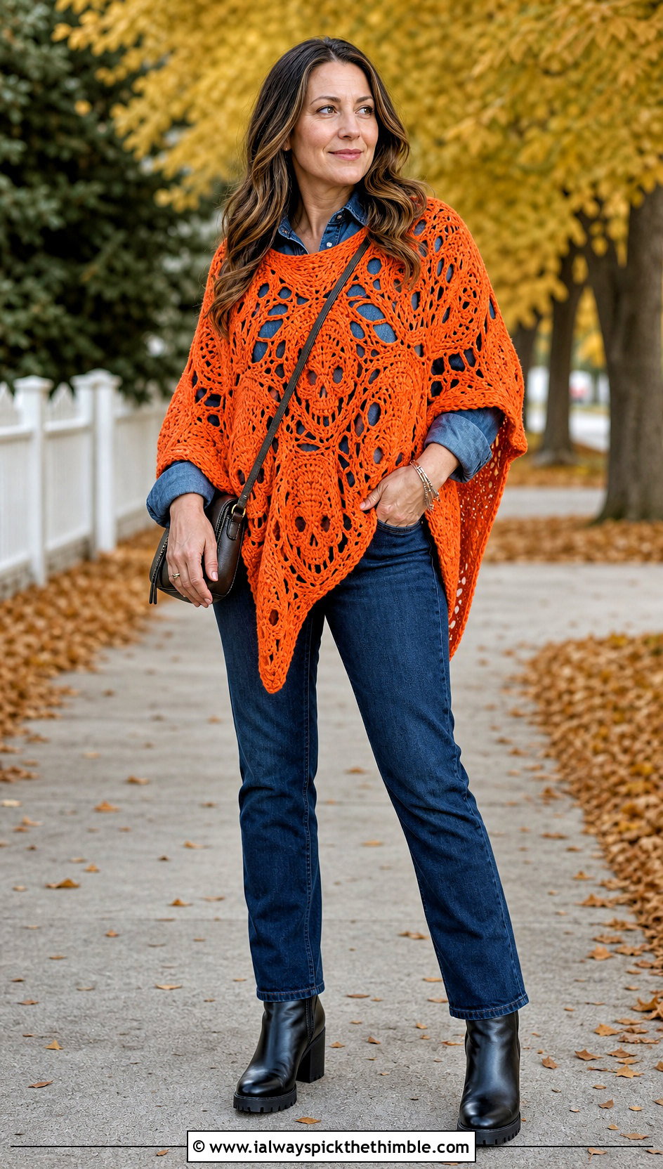 Skull Crochet Poncho With Denim Shirt And Straight Jeans - 20 Crochet Halloween Clothing and outfit ideas