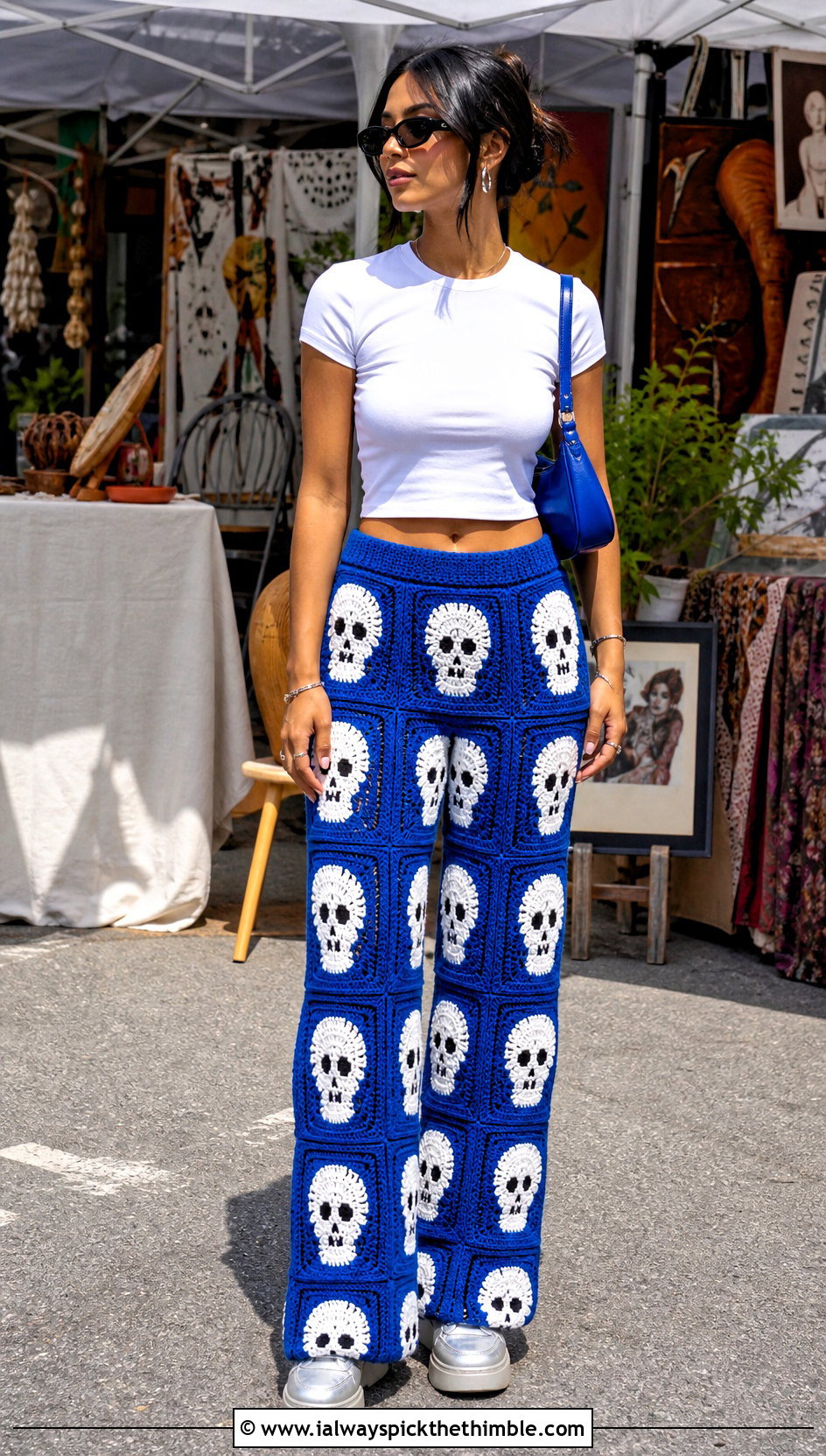 Skull Granny Square Crochet Pants With Baby Tee - 15 Skull Crochet Pants outfit ideas