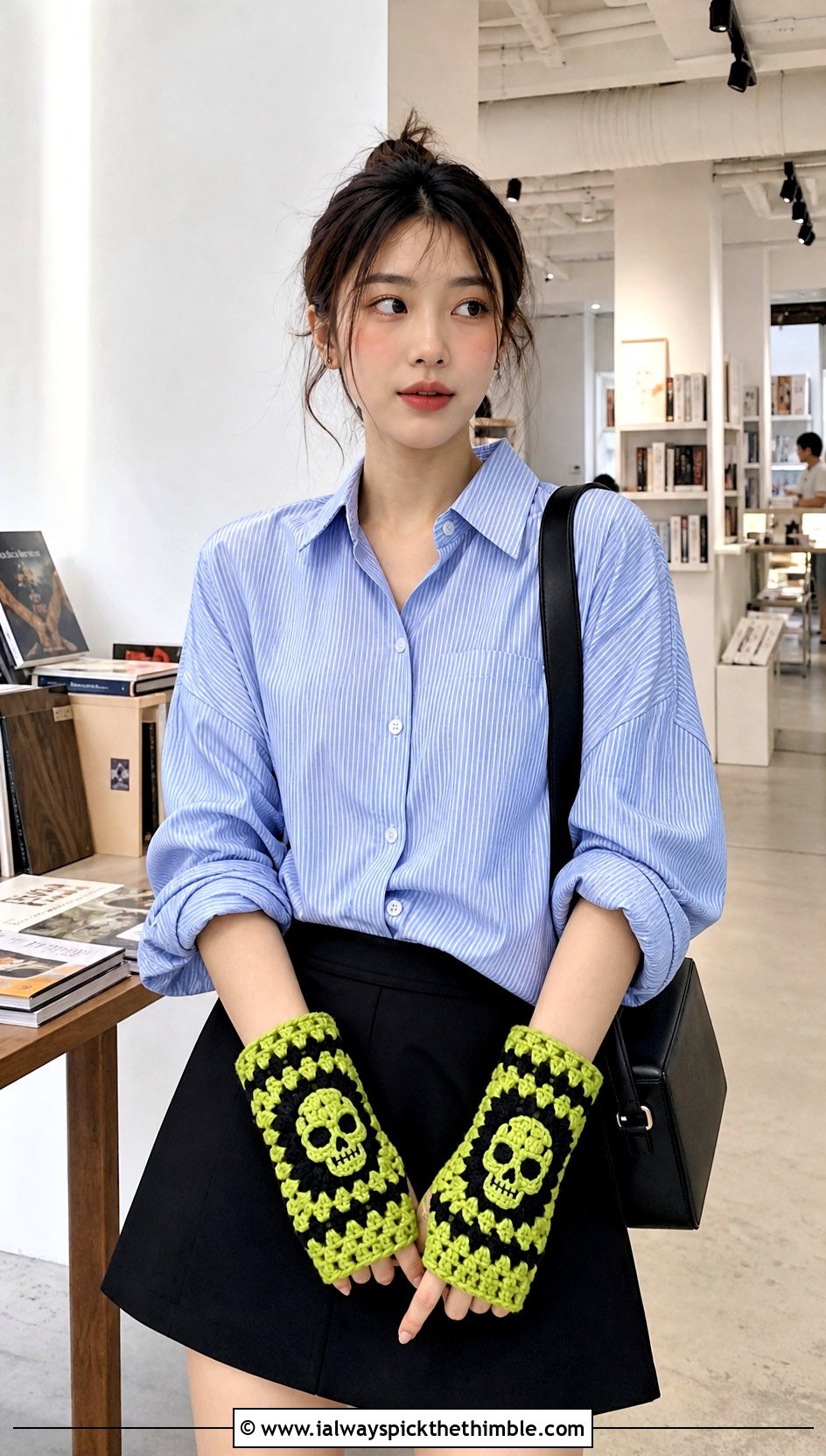 Skull Granny Square Gloves With Oversized Shirt And Mini Skirt - 15 Crochet Skull Gloves outfit ideas