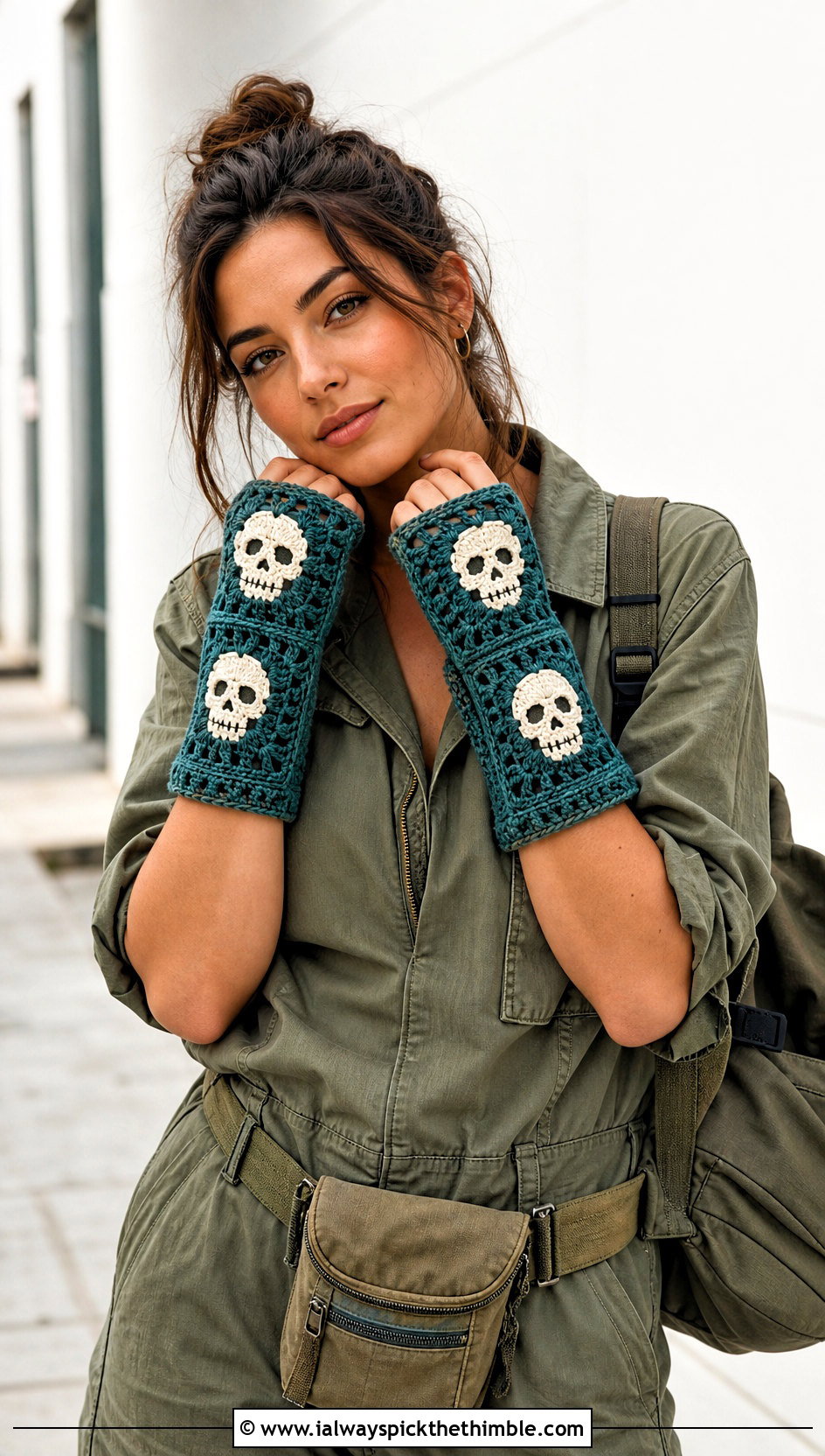 Skull Granny Square Gloves With Utility Jumpsuit - 15 Skeleton Crochet Fingerless Gloves outfit ideas