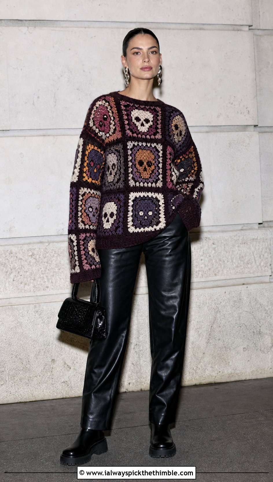 Skull Granny Square Halloween Crochet Jumper With Leather Pants - 15 Halloween Crochet Jumper outfit ideas