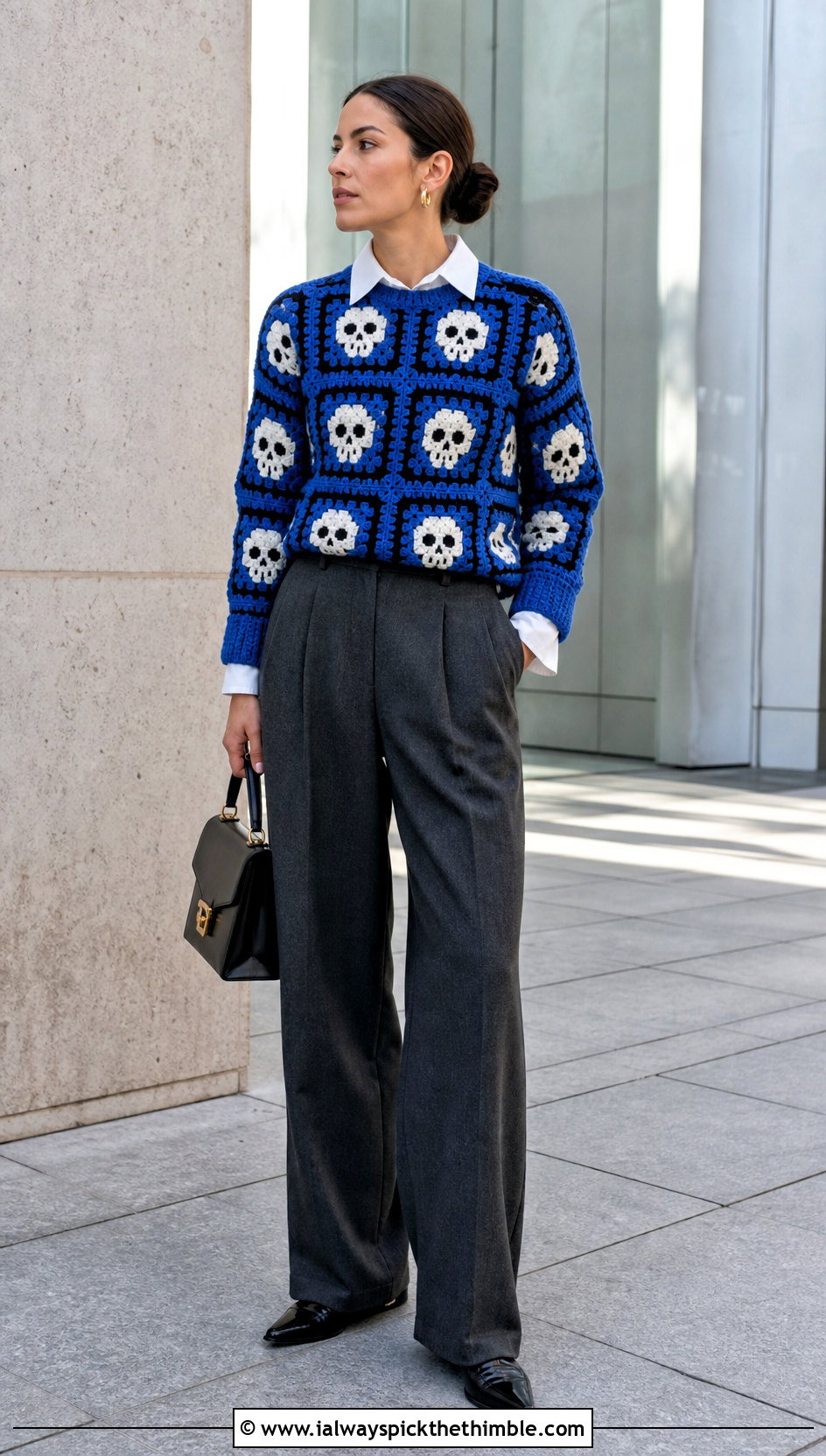 Skull Granny Square Halloween Sweater With Tailored Trousers - 15 Crochet Granny Square Halloween Sweater outfit ideas