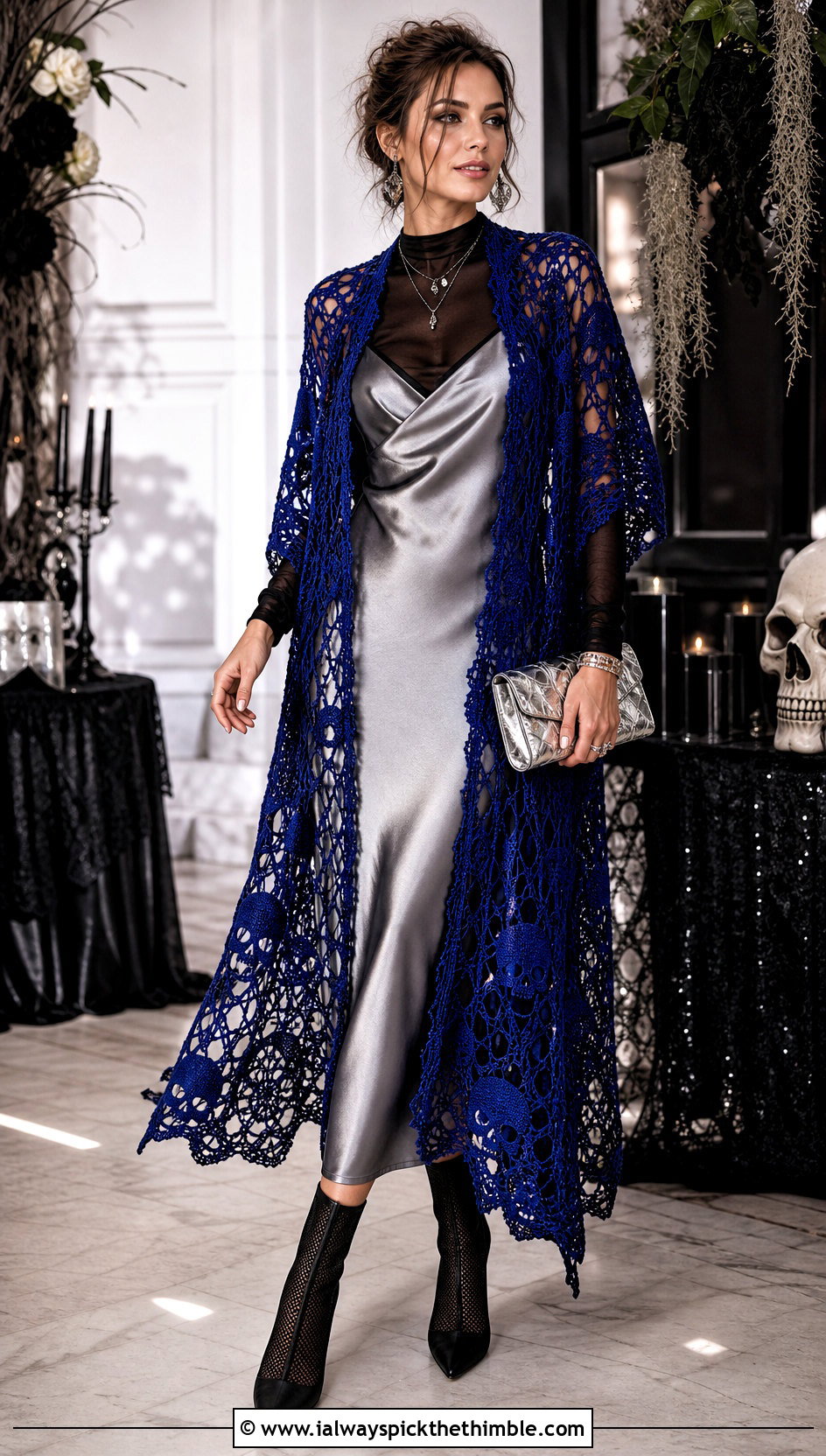 Skull Lace Crochet Shawl With Satin Slip Dress - 20 halloween crochet shawl outfit ideas