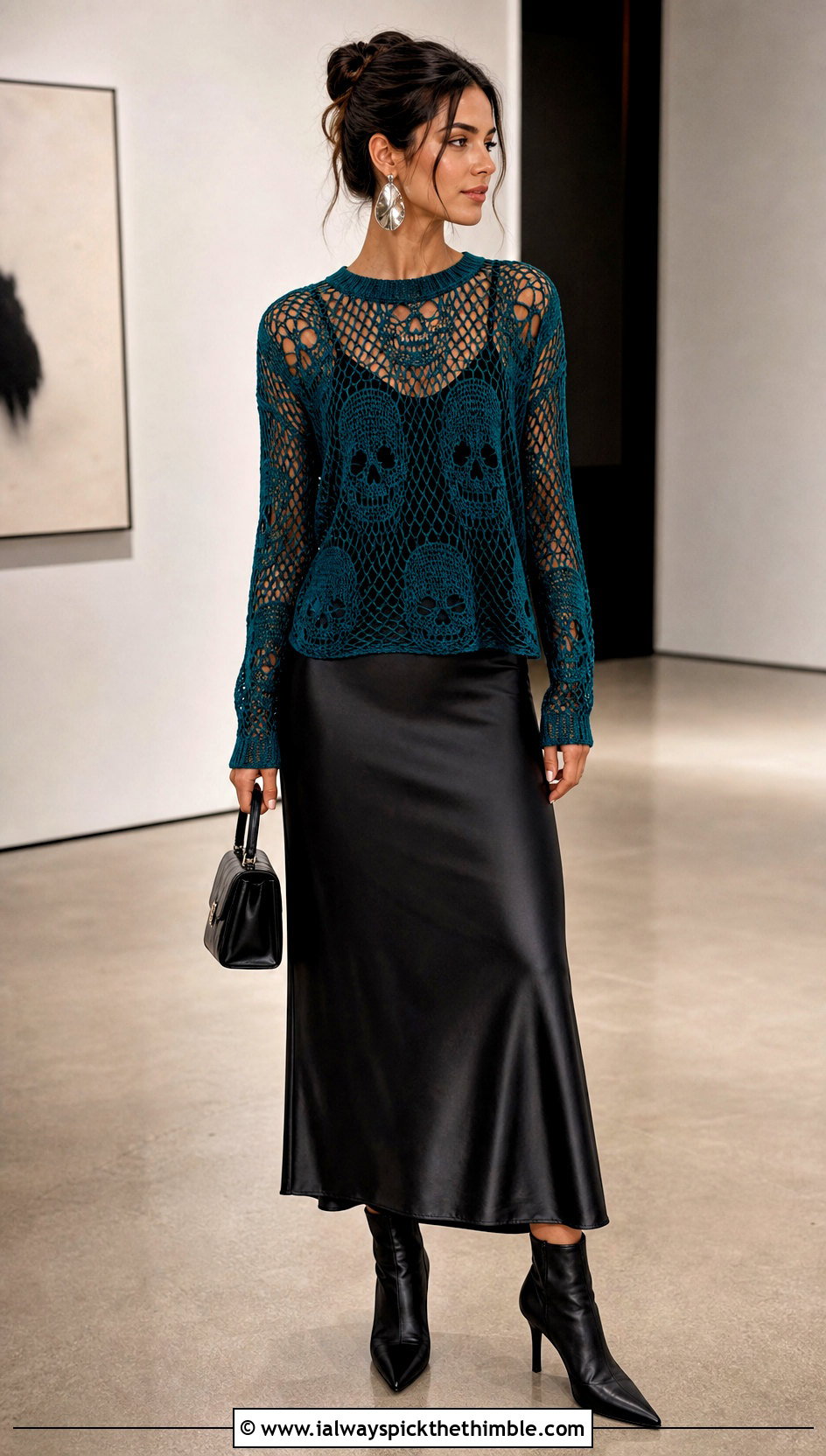 Skull Mesh Spooky Crochet Sweater With Satin Midi Skirt - 15 Spooky Crochet Sweater outfit ideas