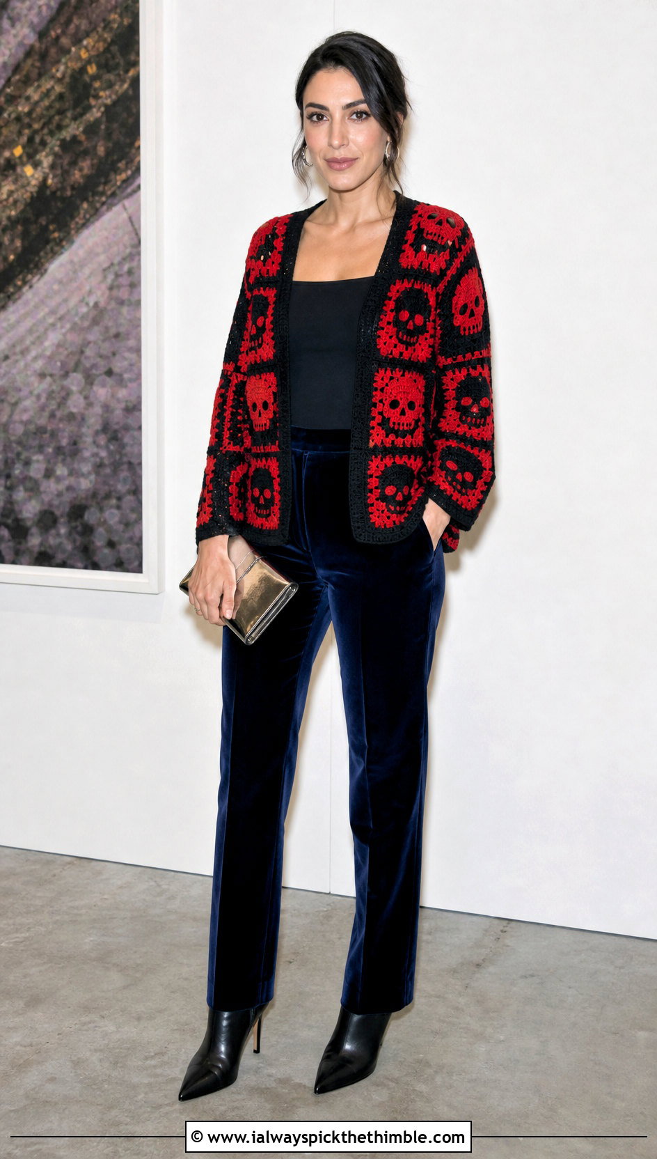 Skull Motif Crochet Cardigan With Velvet Pants - 20 halloween crochet cardigan outfit ideas