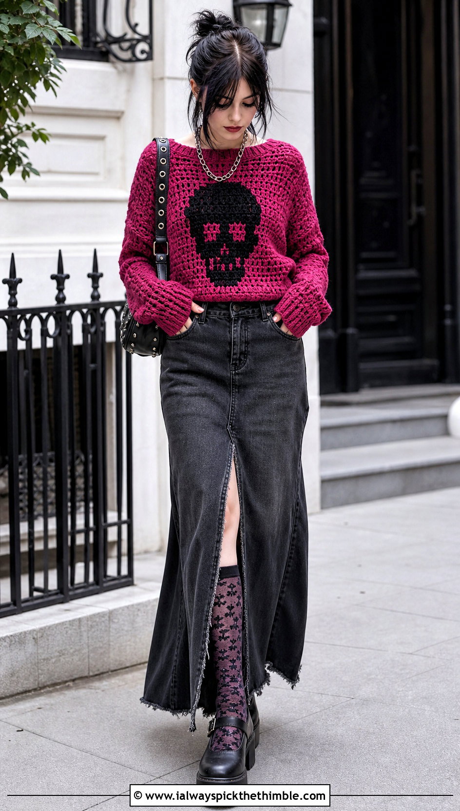 Skull Motif Crochet Sweater With Denim Maxi Skirt - 20 alt crochet sweater outfit ideas