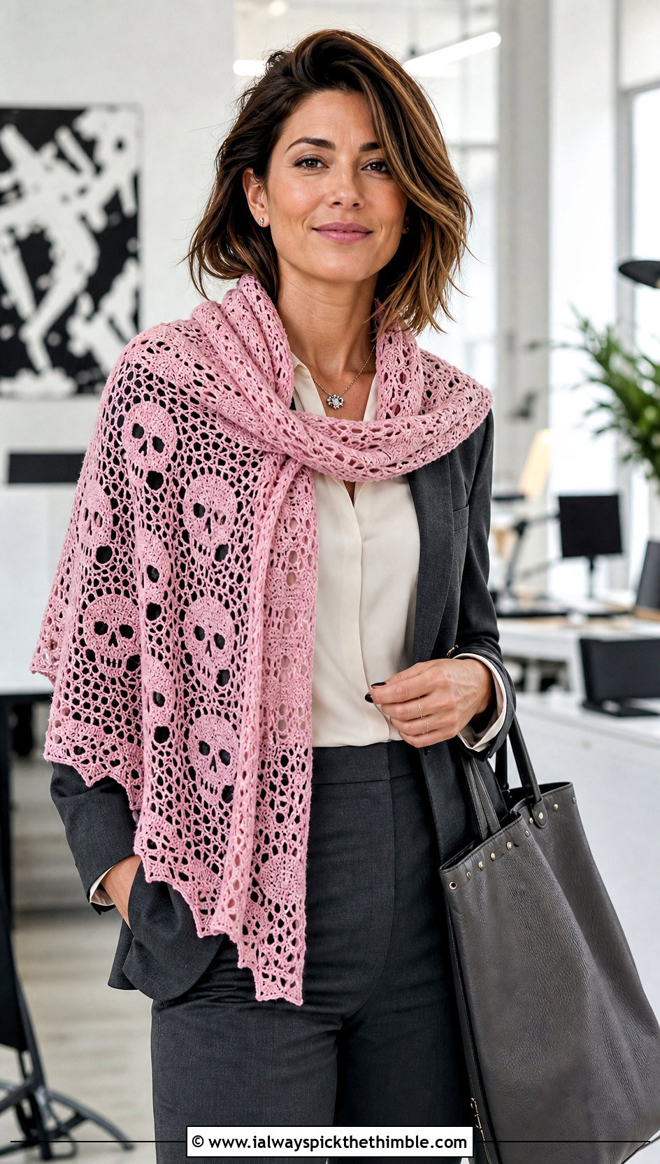 Skull Motif Witch Crochet Shawl With Tailored Suit - 15 Witch Crochet Shawl outfit ideas