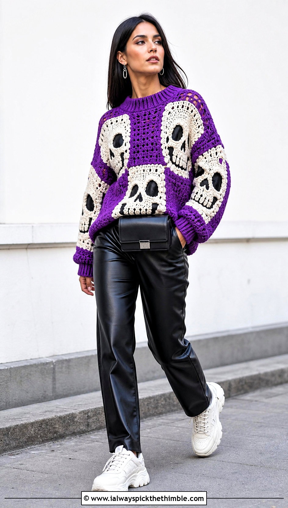 Skull Patchwork Crochet Halloween Sweater With Faux Leather Pants - 25 Crochet Halloween Sweater outfit ideas