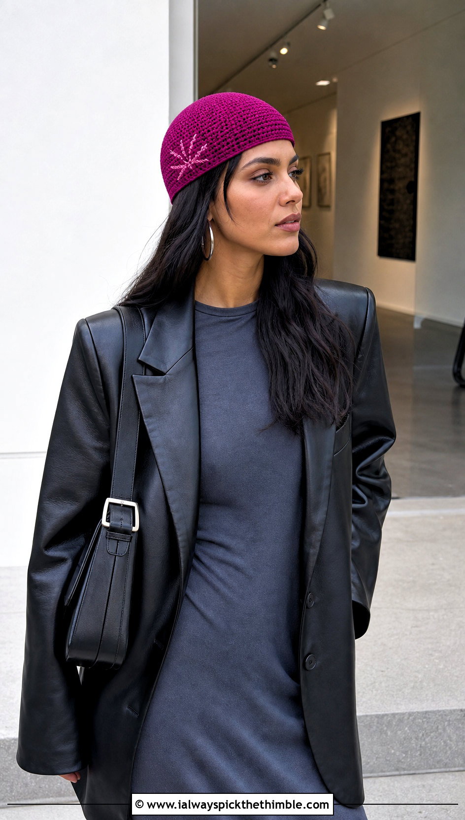 Skullcap Baseball Crochet Beanie With Leather Blazer And Maxi Dress - 15 Baseball Crochet Beanie outfit ideas