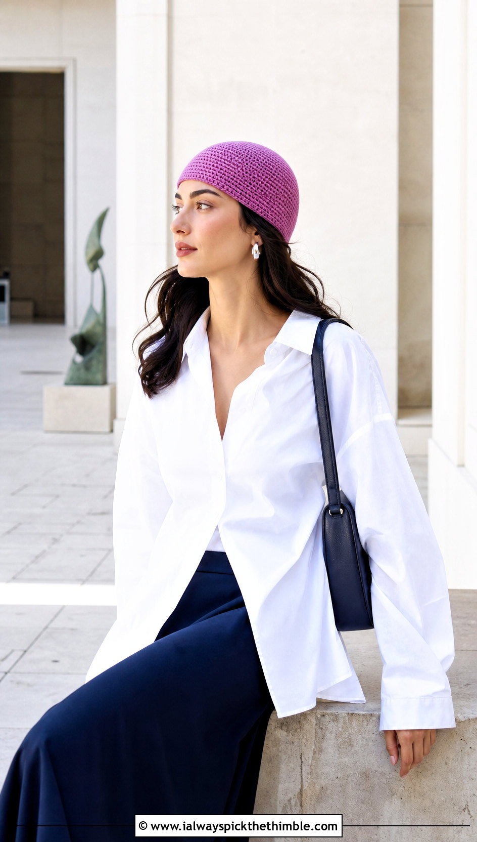 Skullcap Crochet Beanie With Button Down Shirt And Maxi Skirt - 25 basic crochet beanie outfit ideas