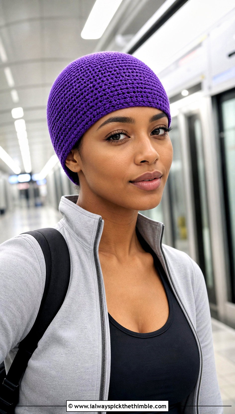 Skullcap Crochet Beanie With Track Jacket - 15 cool crochet beanie outfit ideas
