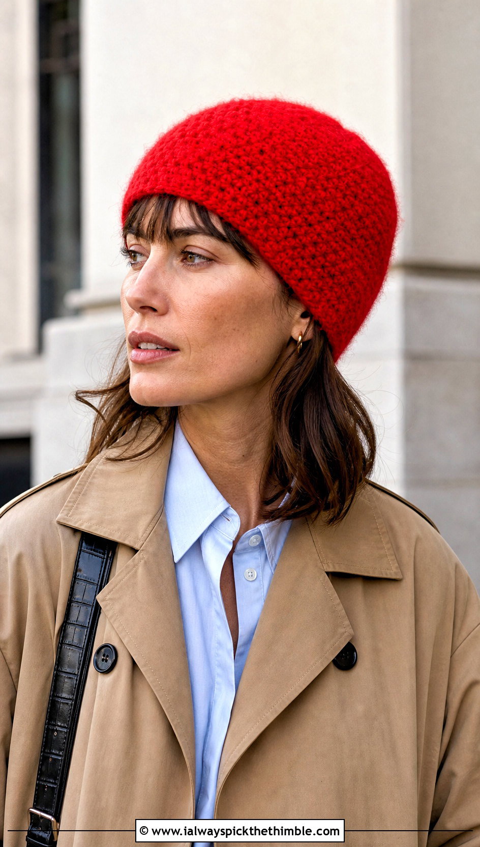 Skullcap Fluffy Crochet Beanie With Trench Coat - 20 fluffy crochet beanie outfit ideas
