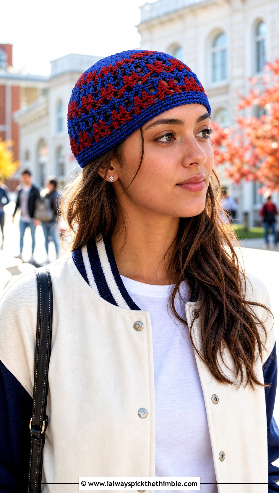 Skullcap Mandala Crochet Beanie With Varsity Jacket - 20 Mandala Crochet Beanie outfit ideas