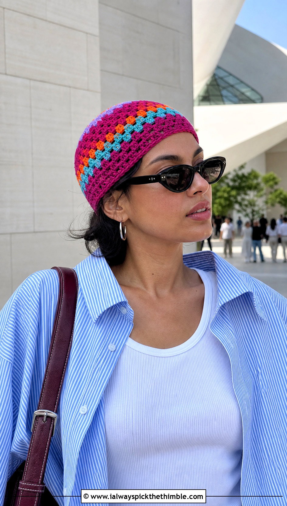 Skullcap Scrap Crochet Beanie With Button Down And Capri Pants - 25 crochet scrap beanie outfit ideas