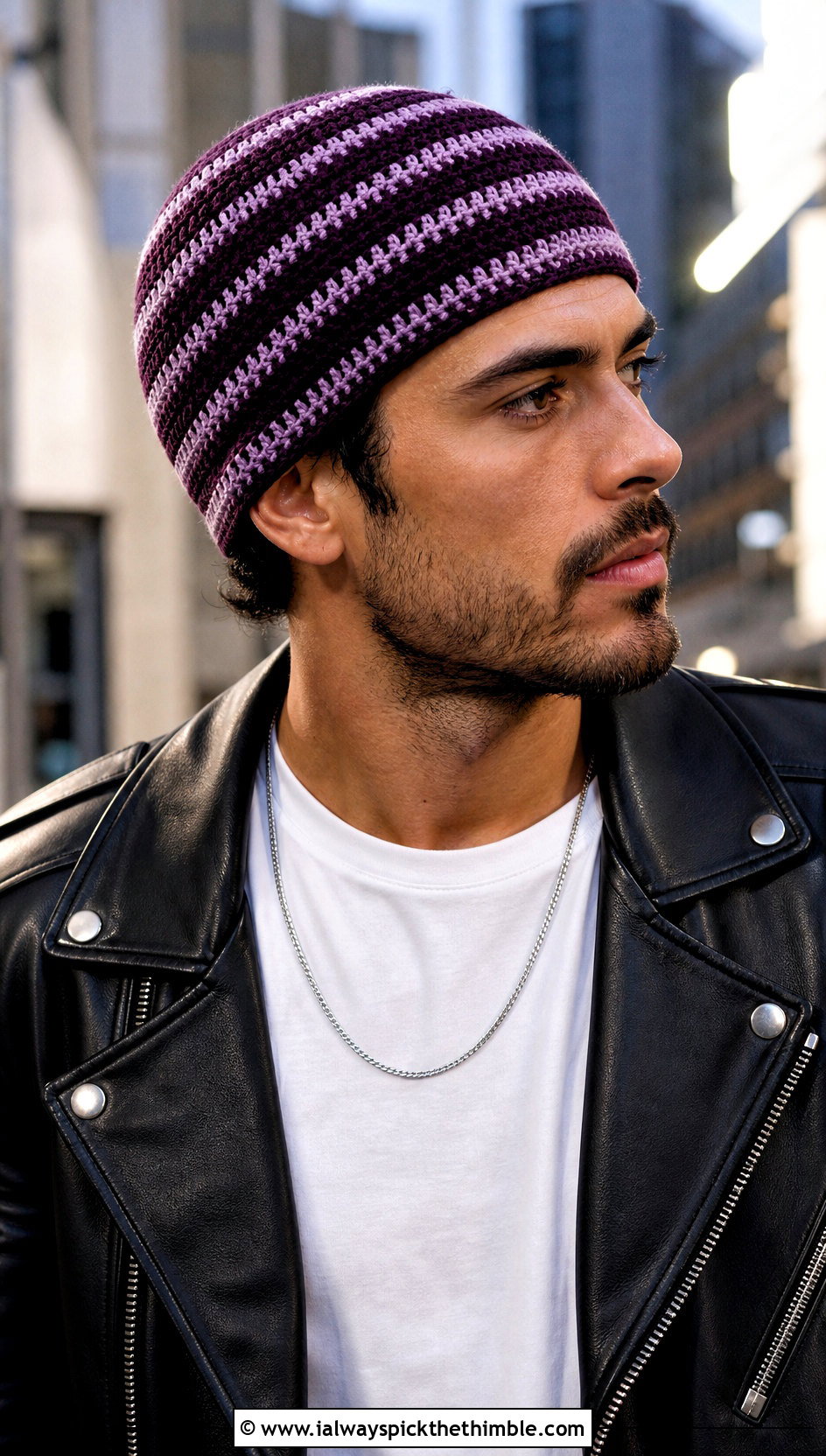 Skullcap Striped Crochet Beanie With Leather Jacket - 15 mens striped crochet beanie outfit ideas