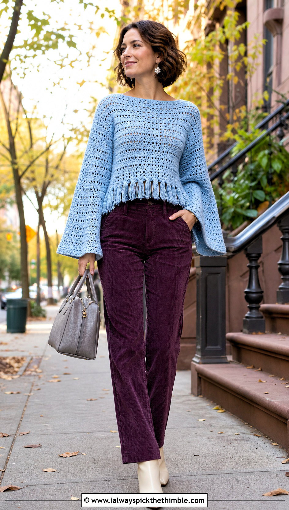 Sky Blue Crochet Bell Sleeve Fringe Top With Corduroy Pants - 15 Blue Crochet Top With Fringes outfit ideas