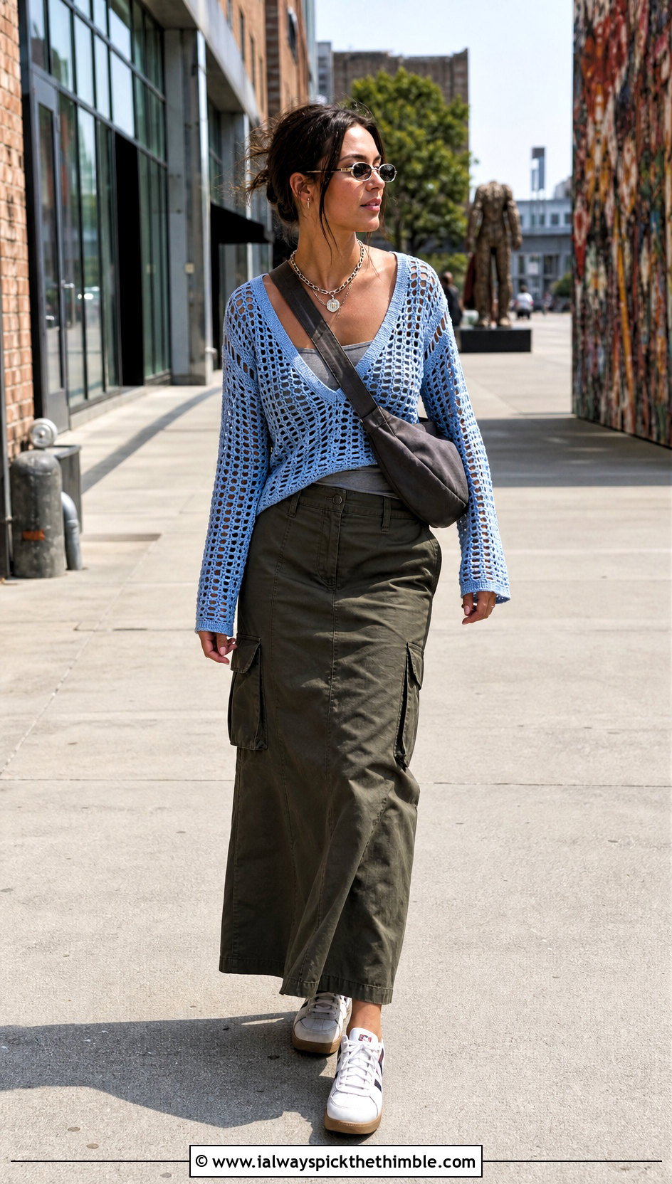 Sky Blue V Neck Crochet Blouse With Cargo Maxi Skirt - 15 Blue Crochet Blouse Design outfit ideas