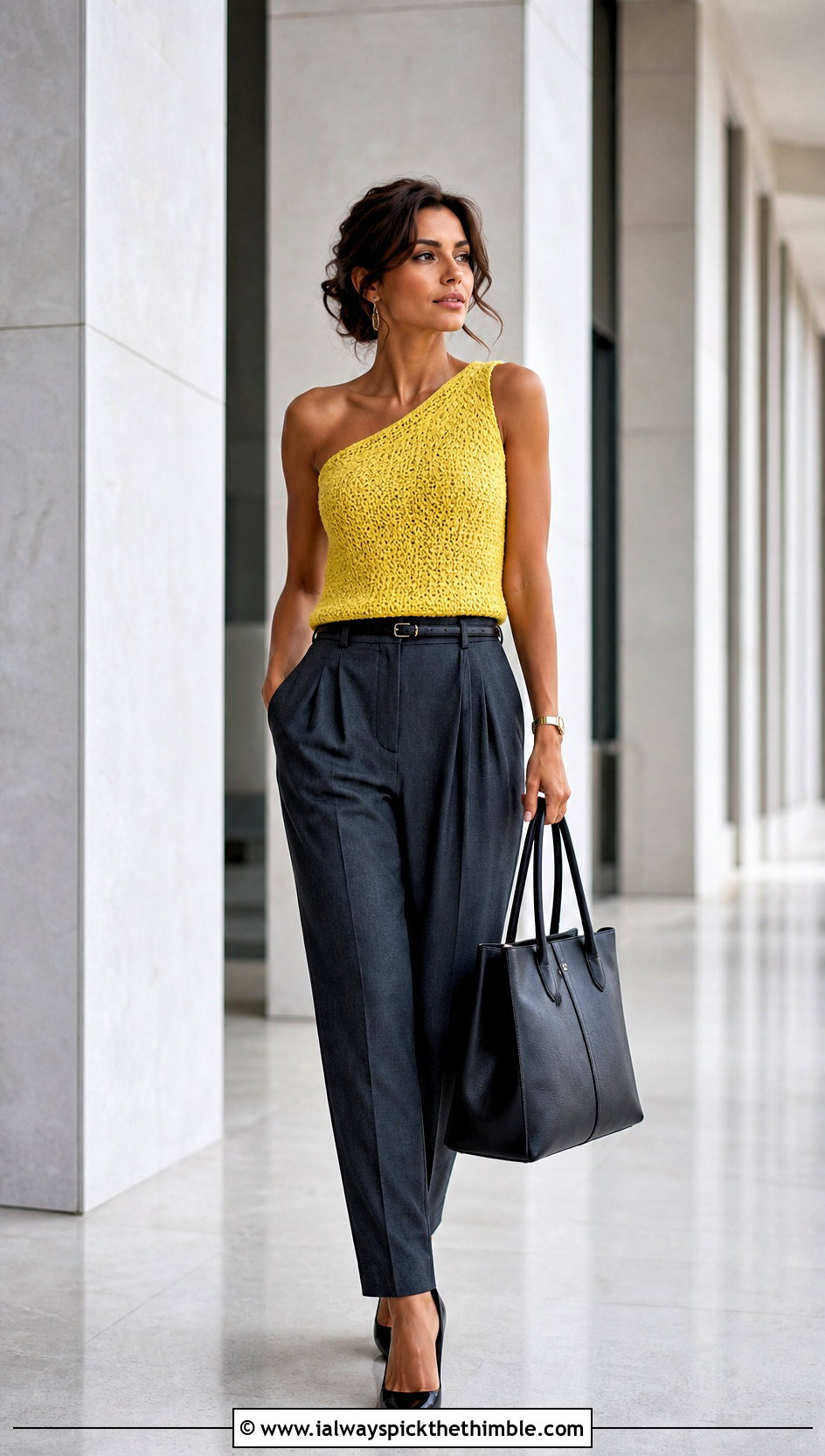 Slanted Neck Crochet Top With Tailored Trousers - 20 crochet assymetrical top outfit ideas