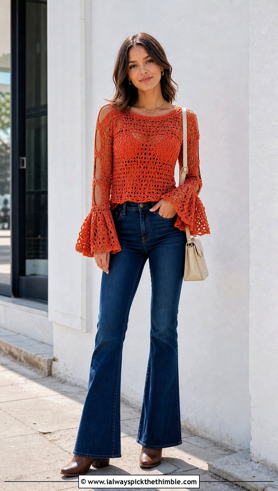 Slashed Bell Sleeve Crochet Top With Flared Jeans - 20 Ripped Crochet Top outfit ideas